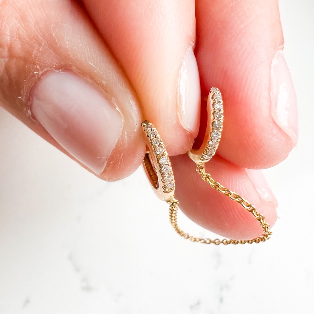 Double Piercing Diamond Huggie with Chain in 14K Yellow Gold - Picture 3 of 8